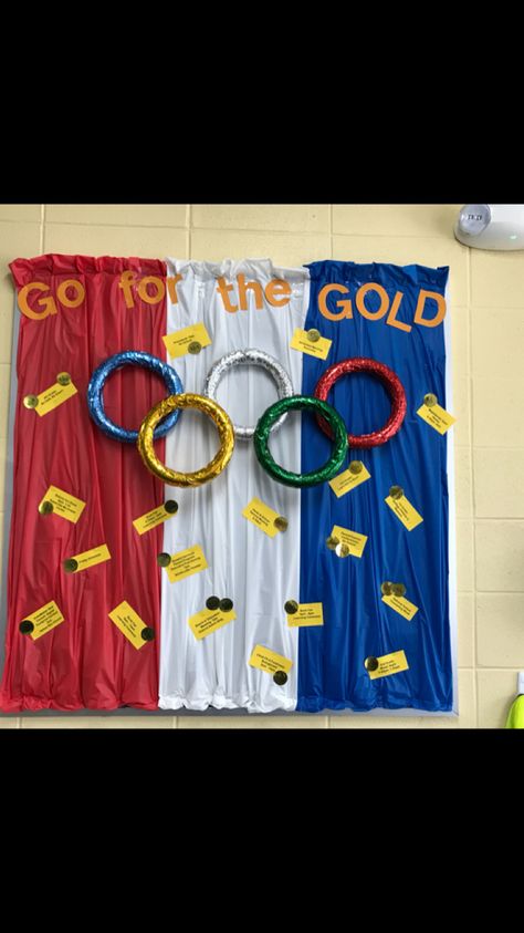 Olympic Vbs, Olympic Bulletin Board, Sports Bulletin Boards, Vbs Olympics, Work Celebration, Olympics Decorations, Olympic Theme Party, Olympic Crafts, Pta Ideas