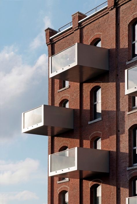 cantilevered balconies Repurposed Architecture, Balconies Architecture, Balcony Walkway, Cantilever Balcony, Parasitic Architecture, Metal Buildings With Living Quarters, Renovation Architecture, Industrial Building, Flour Mill