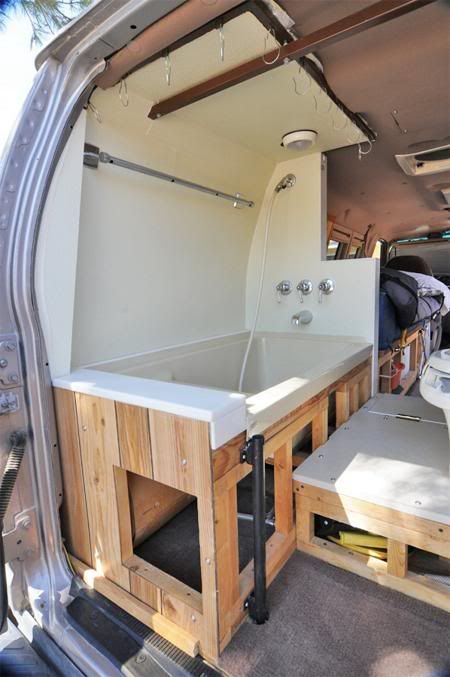 Wow. Now THAT'S a shower! - Class B Forums Van Bathtub, Camper Van Shower, Kangoo Camper, Camper Bathroom, Diy Van Conversions, Transit Camper, Airstream Interior, Ford E250, Suv Camping