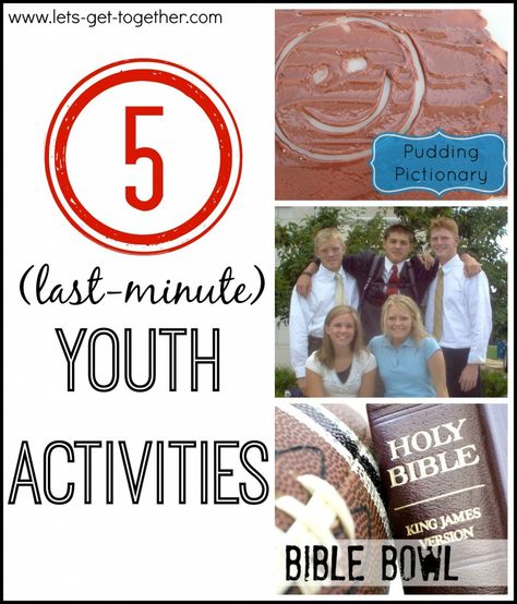 5 Last Minute Youth Activities from Let's Get Together- 5 YM/YW activities that are super simple and ready to go when your plans fall through. Bible Bowl, Pudding Pictionary, P Night, Service Stations, and Elderly Interviews. www.lets-get-together.com #lds #youngwomen #youth Lds Yw Activities, Lds Youth Activities, Church Youth Activities, Lds Young Women Activities, Youth Ministry Games, Mutual Activities, Youth Group Activities, Activity Day Girls, Yw Activities