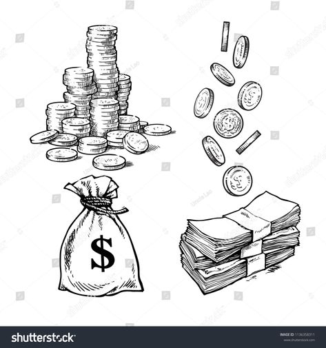 Finance, money set. Sketch of stack of coins, paper money, sack of dollars falling coins in different positions. Black and white hand drawn vector illustration. #Ad , #SPONSORED, #coins#stack#sack#paper Money Drawing Ideas, Money Bag Tattoo, Money Sack, Money Drawing, Money Tattoo, Money Bags, Money Stacks, Sketch Paper, Tattoo Design Book