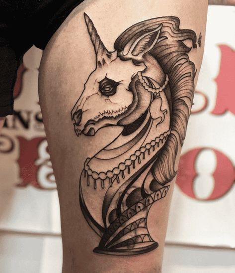 Unicorn Head Tattoo, Unicorn Skull Tattoo, Dark Unicorn Tattoo, Traditional Unicorn, Unicorn Tattoo Ideas, Tattoo Layout, Unicorn Tattoo Men, Evil Unicorn Tattoo, Gothic Unicorn Tattoo