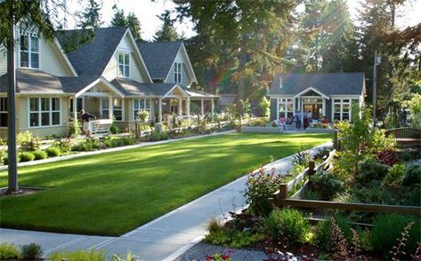 examples of "Cottage Courts", a development of tiny separate houses arranged around a common shared court. The developments are tucked right amongst single family houses and small apartment complexes, usually very close to denser shopping/mixed use areas and public transit lines for convenience.  The cottages are about 450-650 s.f with charming front stoops and sometimes even tiny yards for each unit, parking is usually off to the back or side and the shared court is a nice landscaped area with Pocket Community, Small Apartment Complex, Ross Chapin, Tiny Home Community, Pocket Neighborhood, House Community, Community Ideas, Tiny House Village, Co Housing