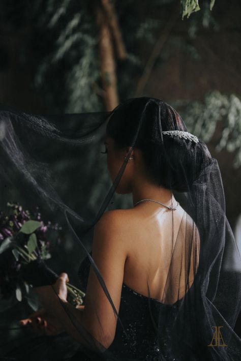 What Is Personality, Black Bridal Veil, Maja Salvador, A Black Wedding, Paisley Wedding, Dark Wedding Theme, Time Apart, Gothic Bride, Black Wedding Dress