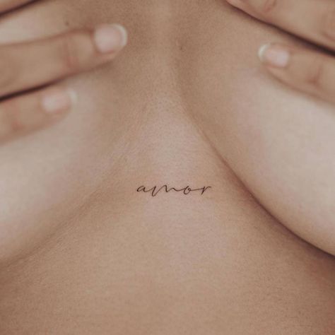 Amor Fine Line Tattoo, 4 Letter Word Tattoo, Portuguese Tattoo Ideas Symbols, Sternum Word Tattoo Women, Amor Neck Tattoo, Sternum Word Tattoo, Portuguese Quotes Tattoo, Amor Font Tattoo, Old Money Tattoo Ideas