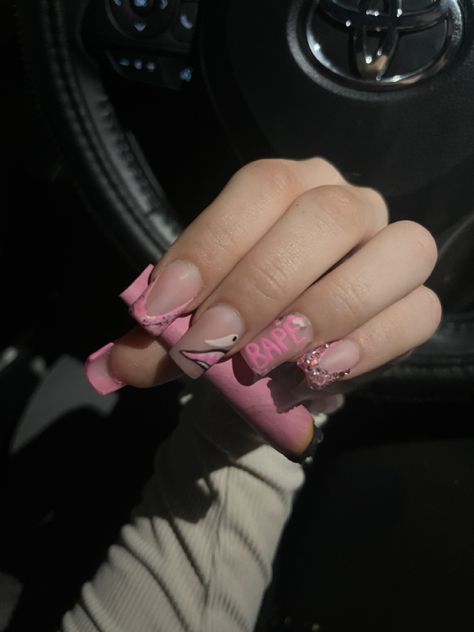 pink bape nails done by me Pink Bape Outfit, Short Bape Nails, Bape Shark Pink, Pink Bape Nails, Bape Heart Nails, Bape Star Nails, Bape Nails Acrylic, Bape Nails, Xo Nails