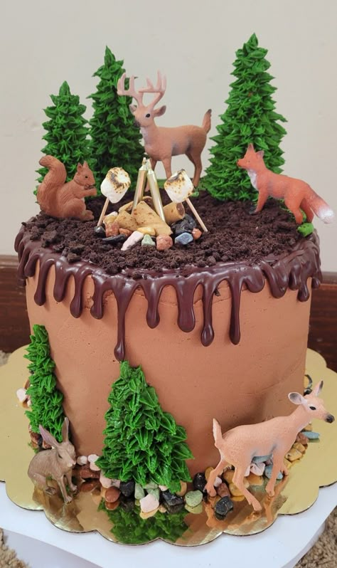 Woodland Animals Birthday Cake, Forest Theme Cake For Kids, Chocolate Forest Cake, Forest Themed Cake, Forest Cake Ideas, Camping Cake Ideas, Forest Animal Cake, Forest Birthday Cake, Raccoon Cake