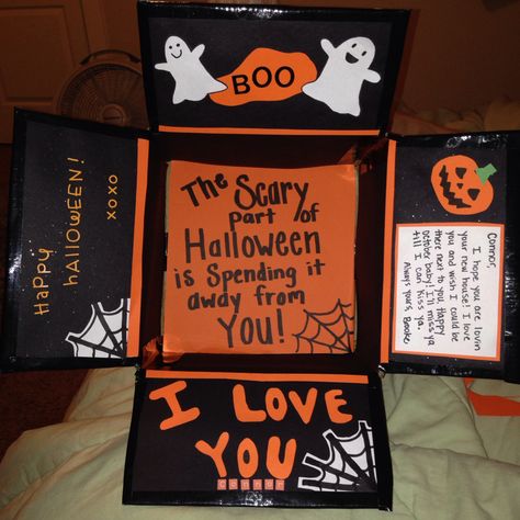 First care package sent! #longdistancerelationships October 3 National Boyfriend Day Gift, Spooky Box For Boyfriend, Long Distance Boo Basket, Long Distance Spooky Basket, College Care Package Ideas Halloween, Halloween Themed College Care Package, Halloween Themed Care Packages, Long Distance Halloween Care Package, College Box Care Packages Fall