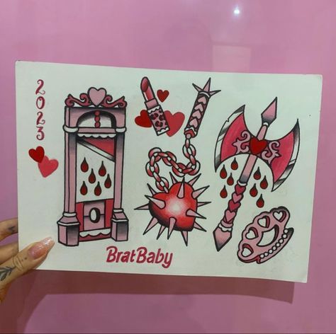 Color Tattoo Traditional, Goth Flash Art, Bubblegum Traditional Tattoo, Barbie Flash Tattoo, Pink American Traditional Tattoo, Mace Tattoo Traditional, Girly Flash Tattoo Ideas, Kawaii Tattoo Flash, Pink Traditional Tattoo