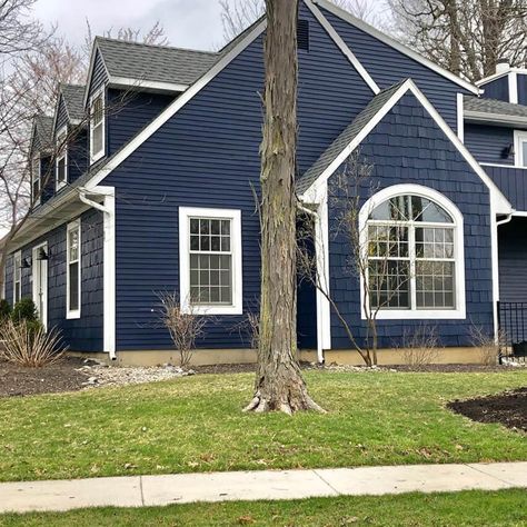 Blue Ranch House Exterior, Navy Blue Exterior House Colors, Navy Blue House Exterior, Exterior Home Colors, Blue Home Exterior, Blue Exterior House Colors, Behr Exterior Paint, Navy Blue Houses, Craftsman Bungalow Exterior