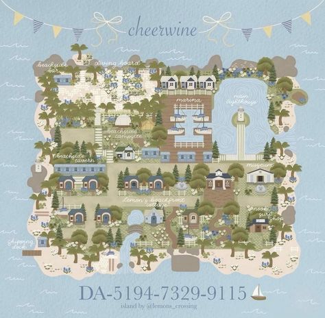 Island Theme Animal Crossing, Animal Crossing Map Layout City, Animal Crossing Island Planning, Acnh Beachside Ideas, Acnh Island Designs Layout, Acnh Town Map, Animal Crossing Coastal Theme, Dream Islands Acnh, Coastal Islands Acnh