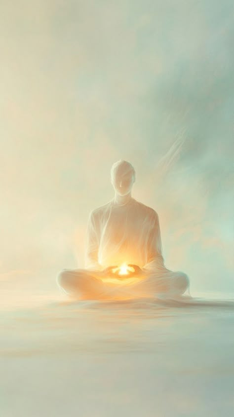 Step into the peaceful essence of spiritual meditation with this serene image of a figure enveloped in soft, ethereal light, sitting cross-legged in quiet contemplation. The glowing energy held at the heart center symbolizes the inner light and wisdom that comes from deep spiritual practice. Let this tranquil visual inspire you to connect with your own inner peace and embrace the powerful energy within. 🧘‍♂️✨ #yoga #meditation #health #gym #fitness Spiritual Art Meditation, Spiritual Art Sketch, Healing Mantras Affirmations, Meditation Quotes Spirituality, Meditation Wallpaper, Photo Zen, Wisdom Symbol, Meditation Illustration, Inner Peace Art