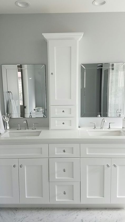 Double Sink Bathroom Layout, Remodel Bathroom Cabinet, Cabinet Between Bathroom Sinks, Bathroom Remodel Two Sinks, Vanity Top Storage Ideas, His And Hers Restroom Ideas, Bathrooms With 2 Separate Vanities, Two Vanities With Cabinet Between, Master Bath Vanity Ideas Double Sinks With Tower