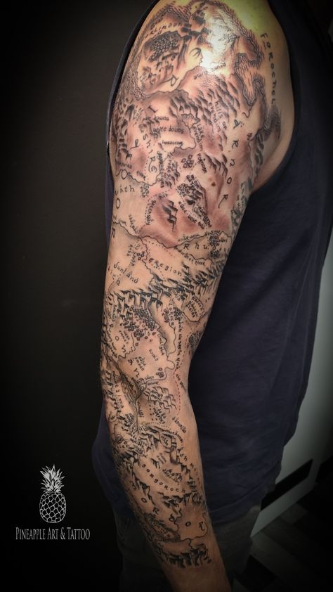 Full sleeve with lord of the rings Middle Earth tattoo Lord Of The Rings Leg Sleeve Tattoo, Lord Of The Rings Tattoo For Men, Lord Of The Rings Full Sleeve Tattoo, Lotr Sleeve Tattoos For Guys, Map Of Middle Earth Tattoo, Fantasy Map Tattoo, Romantic Tattoo For Men, Lord Of The Rings Chest Tattoo, Lord Of The Rings Map Tattoo