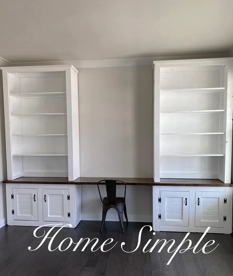 The Hampton Bookshelf Storage Desk Set — Home Simple Decor & More Wall Desk Built In, Ikea Built In Desk Hack Living Room, Ikea Bookshelf Desk, Built In Bookshelves Home Office, Built In Office Desk And Cabinets Home Office, Desk With Wall Storage, Shelves Desk Wall, Built In Shelves With Desk Living Room, Storage And Bookshelves