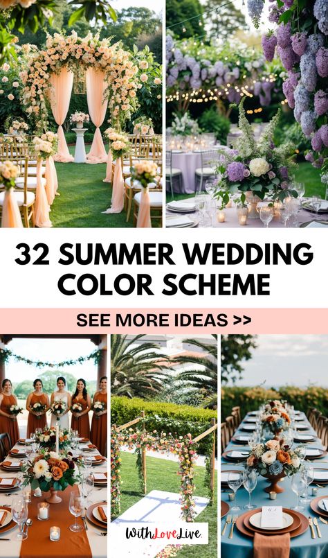 💒🌞 Set the tone for your summer wedding with stunning color scheme ideas that capture the essence of the season! Explore our top picks for romantic and bright palettes. 🌈 Check out our article and don’t forget to save this pin for the ultimate wedding inspiration! Elopement Color Schemes, June Wedding Colour Schemes, Classic Summer Wedding Colors, Wedding Ideas Colour Schemes, Summer Wedding Design, Country Summer Wedding Colors, Color Schemes For Summer Wedding, July Outdoor Wedding Colors, Pnw Wedding Colors