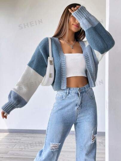 Cute Jeans And Sweater Outfit, Casual Preppy Outfits Fall, Crochet Sweater Blue, Shein Winter Clothes, Trendy Blue Open Front Cardigan, Cool Tone Clothes, Trendy Fitted Light Blue Cardigan, Light Blue Fitted Trendy Cardigan, Blue Vintage V-neck Cardigan