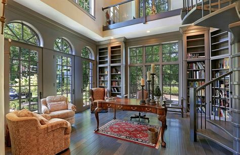 Two story library with catwalk Two Story Library, Apartment Kitchen Design, Home Study Design, Beautiful Office Spaces, Wallpaper Home Decor, Architecture Model House, Dekorasi Kamar Tidur, Dream House Rooms, Home Libraries