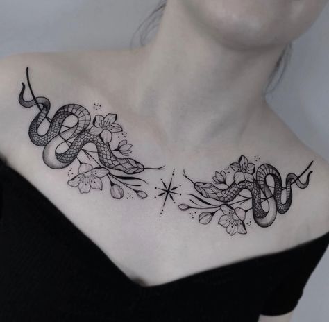 Female Collarbone Tattoo, Chest Tattoo Witchy, Large Chest Tattoo Female, Collar Bone Tattoo Unique, Owl Chest Tattoo Female, Delicate Chest Tattoo, Girl Chest Tattoo Ideas, Collarbone Tattoo Ideas For Women, Front Chest Tattoo Female