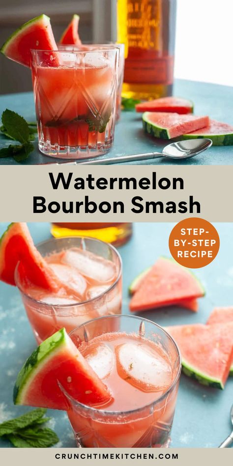 Watermelon Drinks. With Text Reading: Watermelon Bourbon Smash Cocktail. Watermelon Bourbon Smash, Simply Watermelon Juice Cocktail, Watermelon Old Fashioned, Alcoholic Watermelon Drink, Cocktails With Watermelon Juice, Watermelon Whiskey Drink, Watermelon Mint Cocktail, Fresh Watermelon Cocktail, Cocktails With Watermelon