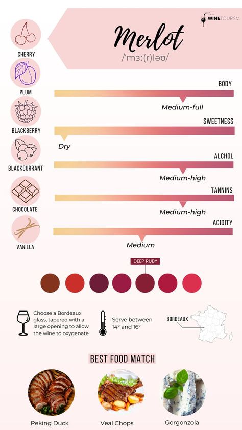 Merlot is the most widely planted grape variety in Bordeaux. Discover more on our Merlot Blog! Veal Chop, Merlot Wine, Wine Knowledge, Red Grape, Wine Tourism, Peking Duck, Bordeaux Wine, Wine Connoisseur, Wine Pairings