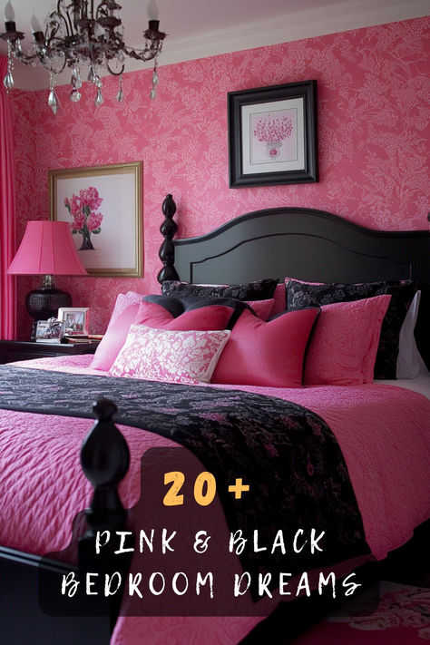 ✨ Create your perfect bold and feminine space with these 20 amazing pink and black bedroom designs! Perfect blend of edgy and elegant vibes. Click for styling inspiration 🖤 #pinkbedroom #bedroomdesign #interiordesign #blackandpink #bedroomdecor #modernbedroom #roominspo Black Accent Wall Bedroom With Pink, Hot Pink And Black Bedroom, Dark Pink Room, Black Bedroom Inspirations, Black And Pink Bedroom Ideas, Pastel Goth Bedroom, Pink And Black Bedroom Ideas, Pink Black Bedrooms, Pink Bedroom Ideas For Adults