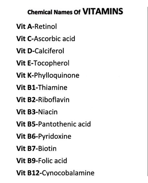 𝐌𝐞𝐝𝐰𝐨𝐫𝐥𝐝⚕️🌏 on Instagram: “. CHEMICAL NAMES OF VITAMINS ☝🏽☝🏽 . . Follow @medicosmedworld for more Follow @medicosmedworld for more . . . . . . . . . . . . . . #medico…” Vitamin Name Chart, Vit K, Vit B12, Medical Lab, All Vitamins, Study Flashcards, Nursing School Notes, Pantothenic Acid, Medical Knowledge