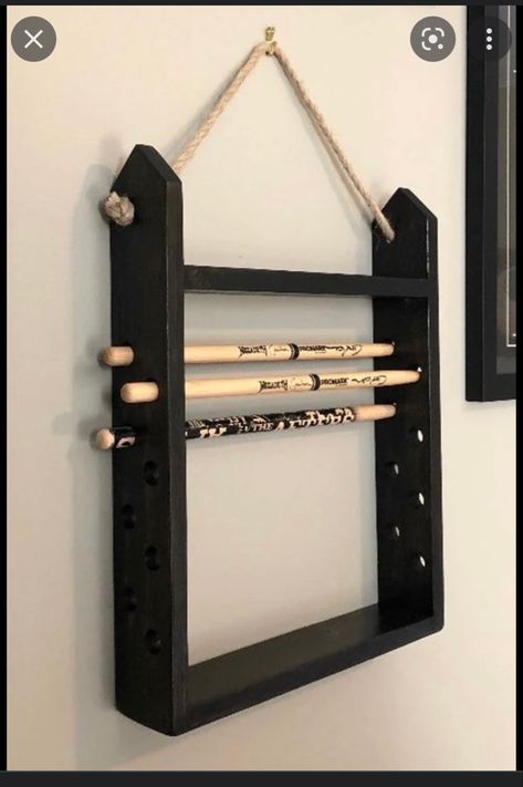 Drum Set Repurpose, Drum Stick Storage Ideas, Drummer Room Decor, Drums In Living Room, Drum Themed Bedroom, Small Drum Room Ideas, Drum Stick Holder, Drum Stick Display, Drums In Bedroom