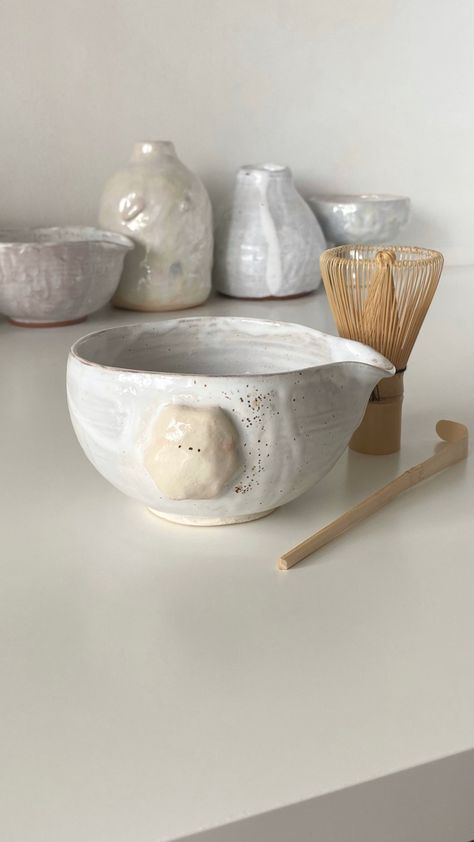 Ceramics, cute, matcha, matcha tea, matcha whisk, tea bowl, pottery, spouted tea bowl, matcha bowl, aesthetic, speckled pottery, cute wabi sabi Aesthetic Plates And Bowls Set, Matcha Bowl Pottery, Ceramic Matcha Bowl, Matcha Bowl Ceramics, Matcha Branding, Pottery Cute, Earth Bending, Pottery Aesthetic, Pottery Glaze Combinations