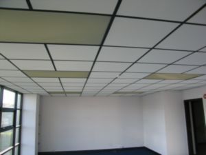 see after picture of painted white grid-I have more painting to do! Black Drop Ceiling Tiles, White Drop Ceiling, Install Drop Ceiling, Black Drop Ceiling, Ceiling Tiles Diy, Drop Ceiling Makeover, Thought Painting, Ceiling Alternatives, Suspended Ceiling Tiles