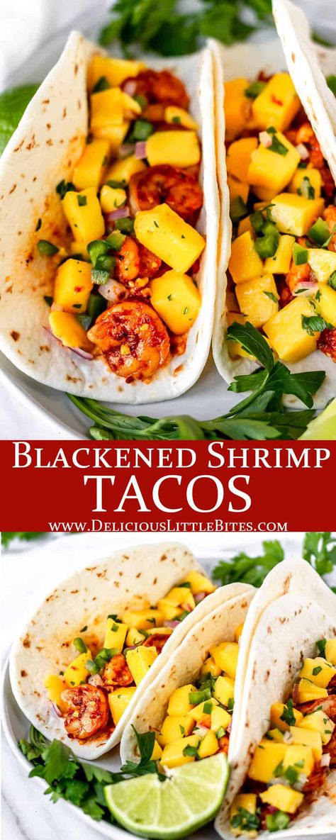 Blackened Shrimp Tacos is a quick and easy dinner recipe. Spicy shrimp and sweet mango salsa make for the perfect combination of flavors that will have your taste buds exploding with delight. | #tacos #shrimp #shrimptacos #blackenedshrimp #taacotuesday Blackened Shrimp Tacos, Shrimp Tacos With Mango Salsa, Mexican Easy, Mango Tacos, Tacos Shrimp, Taco Recipes Mexican, Tacos With Mango Salsa, Beef Tacos Recipes, Blackened Shrimp