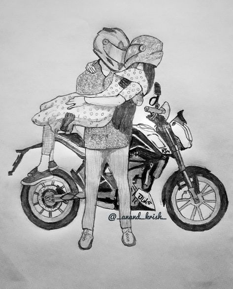 Biker Couple Drawing, Bike Couple Drawing, Squatted Trucks, Motorbike Drawing, Ride Drawing, Bike Couple, Biker Couple, Motorcycle Artwork, Motorcycle Drawing