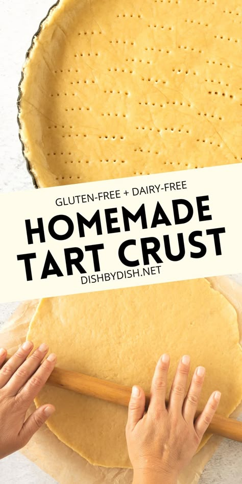 Beautifully flaky, this gluten-free tart crust is easy to prepare and only requires 15 minutes of hands-on time (no chilling needed). Perfect for sweet tarts this holiday season (with an option to make it savory too). Totally dairy-free too.