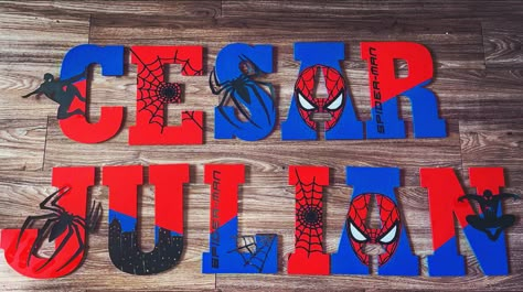 Spider Man Wooden Letters, Spider Man Letters Diy, Spiderman Letters Diy, Name Letters Diy, Spiderman Letters, Spiderman Name, Spiderman Birthday Party Food, Spiderman Bedroom, Spiderman Decorations