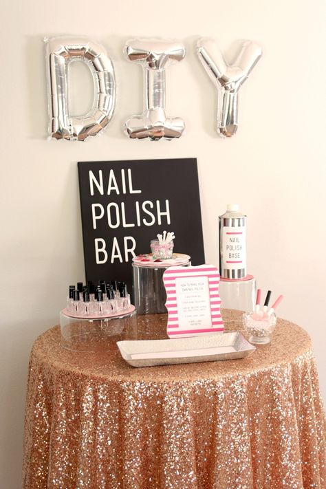 How to make a "DIY Nail Polish Bar"! Perfect for a bridal shower, bachelorette party or any girly party! Unique Bridal Shower Favors, Teen Sleepover, Girl Spa Party, Sleepover Birthday Parties, Girl Sleepover, Girly Party, Spa Birthday Parties, Spa Birthday, Pamper Party