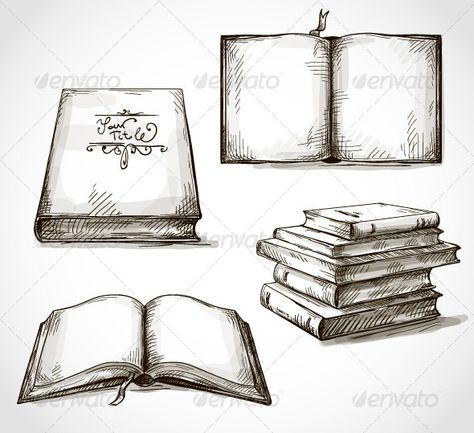 Set of Old Books Drawings  #GraphicRiver Open Book Drawing, Drawings Of, Old Bookshelves, Books Open, Pile Of Books, Book Tattoo, Book Drawing, Photos Vintage, Open Book