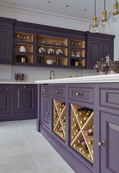 kitchen cabinets makeover colors Deep Purple Kitchen Cabinets, Deep Purple Kitchen, Plum Cabinets Kitchen, Aubergine Kitchen Cabinets, Eggplant Cabinets, Home Decor Purple, Lilac Kitchen Cabinets, Dark Purple Kitchen Cabinets, Purple Cabinets Kitchen