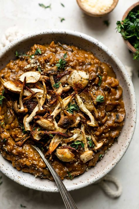 The BEST mushroom risotto you'll ever have – Seriously Creamy Porcini Mushroom Risotto. Arborio rice slowly simmers with shallots, garlic, & cremini mushrooms in a simple porcini-infused broth until perfectly al dente & ridiculously creamy. Intensely rich & flavorful, despite being made with just 10 simple ingredients. Perfect for a special date night at home! Naturally vegetarian & gluten-free. Easily dairy-free & vegan. #risottorecipe #mushroomrisotto #porcinirisotto #sidedishes #vegetarian Porcini Mushroom Recipes, Risotto Vegetarian, Southwest Pasta Salad, Vegan Mushroom Risotto, Porcini Mushroom, Mushroom Risotto Recipes, Dried Porcini Mushrooms, Veggie Burrito, Risotto Recipe