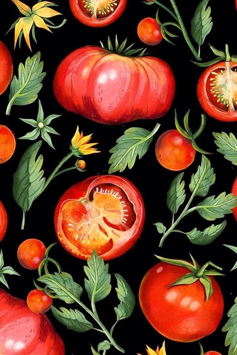 Vegetable Pattern Design, Tomato Illustration Graphics, Tomato Plant Illustration, Fruits Reference, Fruits And Vegetables Pattern, Tomato Photography, Tomatoes Illustration, Tomato Wallpaper, Tomato Flower