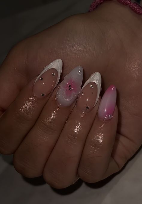 Acrylic Nails Birthday Set Almond, Medium Nail Designs Almond, Birthday Nails Almond Scorpio, Long Almond Acrylic Nails Birthday, Almond Nail Birthday Designs, Almond Nails Designs Airbrush, September Birthday Nails Almond, Long Almond Nails, Romantic Nails