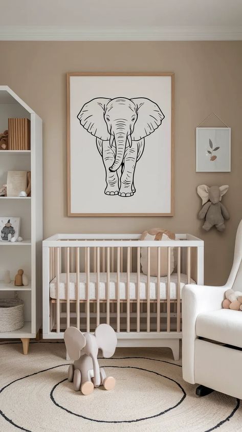 neutral baby nursery. white crib, minimal elephant wall art, simple rug and elephant toys. Nursery Ideas For Small Rooms, Neutral Nursery Ideas, Neutral Baby Nursery, Gender Neutral Nursery Art, Baby Nursery Ideas, Small Nursery, Contemporary Nursery, Wooden Cribs, Neutral Nursery Art