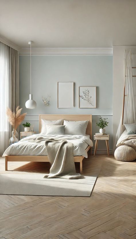 A minimalist Scandinavian-style bedroom with light wooden furniture, a simple bed covered in neutral linens, and soft textures like wool and cotton. The room is decorated with minimal wall art, a cozy throw blanket, and a few potted plants. The color palette includes shades of white, gray, and pale blue, creating a bright and airy atmosphere that promotes relaxation and calm. Minimal Aesthetic Bedroom, Minimalist Scandinavian Bedroom, Calming Bedroom, Scandinavian Bedroom, Serene Bedroom, Minimal Wall, Minimal Wall Art, Scandinavian Minimalism, Minimal Aesthetic