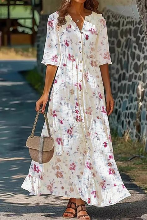 Casual Dresses for Women Online - Cherieday Floral Long Dress Casual, Latest Casual Dress, Boho Floral Maxi Dress, Print Chiffon Dress, Woman Dresses, Loose Maxi Dress, Cotton Linen Dresses, Modest Clothing, Half Sleeve Dresses