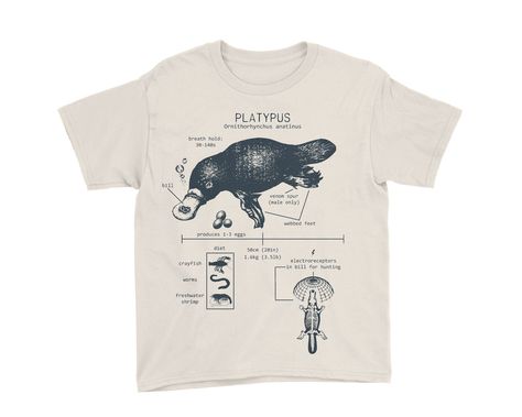 Wildlife anatomical designs pressed with hand-mixed inks onto smooth cotton tees. These wildlife shirts are designed to spark conversation. Each shirt is twined and tagged giving a simple and classic presentation. Makes a thoughtful gift for any animal lover in your life. T-shirt stats: * Shoulder taping * Unisex sizing * Side-seamed * Pre-shrunk * Tear-away label Tandem Ireland Blue & Atlantis Blue - 52% combed ringspun cotton - 48% polyester Tandem Athletic - 90% combed ringspun cotton - 1 Cute Animal Shirts, Marine Biology Shirts, Animal Shirt Design, Biology Shirt, Animal T Shirt, Australian Clothing, Australian Wildlife, Shark Shirt, Platypus