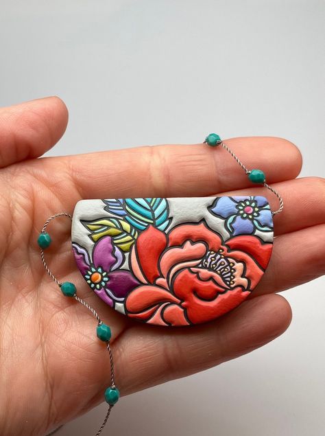 Porcelain Necklace, Polymer Clay Flower Jewelry, Polymer Beads, Terracotta Jewellery, Painted Jewelry, Hand Painted Jewelry, Clay Jewellery, Handmade Porcelain, Polymer Jewelry