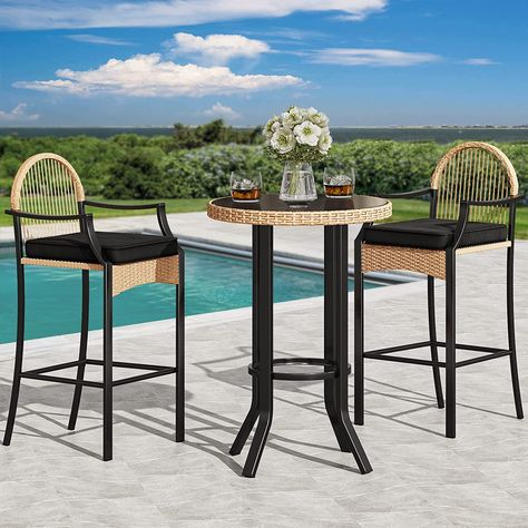 Such a cute little black steel and wicker piece for by the pool or on the front porch. Coffee in the AM cocktails in the PM. Bistro Furniture, Outdoor Bar Sets, Patio Bar Table, Bar Table Sets, Patio Bar Set, Outdoor Bistro Set, Bar Height Table, Black Bar Stools, Patio Furniture Covers