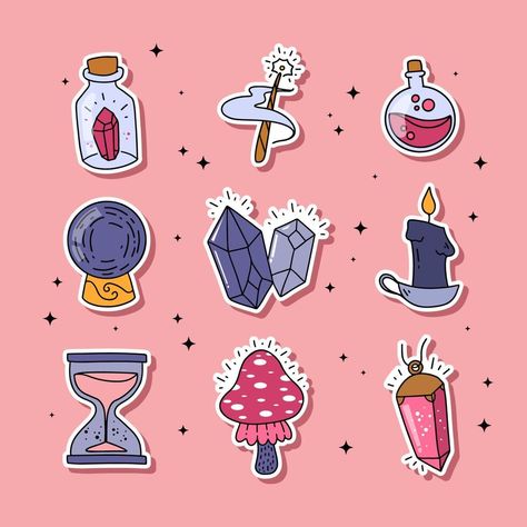 Set of Hand Drawn Magical Elements Stickers Pastel Witch, Magical Elements, Elements Illustration, Magic Box, Vector Art, Hand Drawn, Vector Free, Witch, Royalty Free