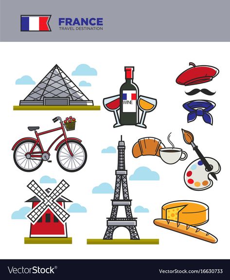 France travel tourism symbols and famous french Vector Image France Symbols, Operation Blue Star, French Symbols, France Illustration, French Icons, Triumphal Arch, Travel Ad, France Design, Pottery Painting Designs