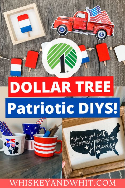 Dollar Tree DIY Memorial Day + 4th of July Summer Decor Projects - Whiskey & Whit Dollar Tree Fourth Of July Decorations, Dollar Tree Fourth Of July Crafts, Patriotic Crafts Diy Simple, Diy Memorial Day Decorations, Dollar Tree 4th Of July Crafts, Dollar Tree Patriotic Crafts Diy, 4th Of July Crafts To Sell, Summer Dollar Tree Crafts, Memorial Day Decor Diy