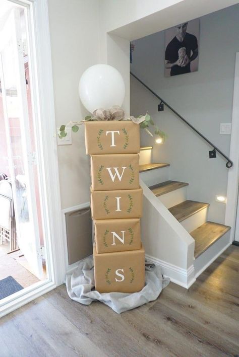 Twins Baby Shower Ideas Decoration, Twin Baby Reveal Ideas, Stacked Boxes Decor, Winter Twin Baby Shower Ideas, Twin Babyshowers, Twin Baby Shower Ideas Fall, Twins Sprinkle Ideas, Gender Reveal Ideas For Party Twins, Twin Gender Reveal Decorations